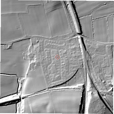Shaded relief map of the ground around LS269BZ, computed from Environment Agency LiDAR. The ground here sits at about 17 m above sea level and falls 25 m across the surrounding 800 m. Surface water reaching this point runs off ground lying to the south, 5.7 m higher.