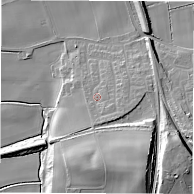 Shaded relief map of the ground around LS269DA, computed from Environment Agency LiDAR. The ground here sits at about 18 m above sea level and falls 25 m across the surrounding 800 m. Surface water reaching this point runs off ground lying to the south-east, 4.7 m higher.