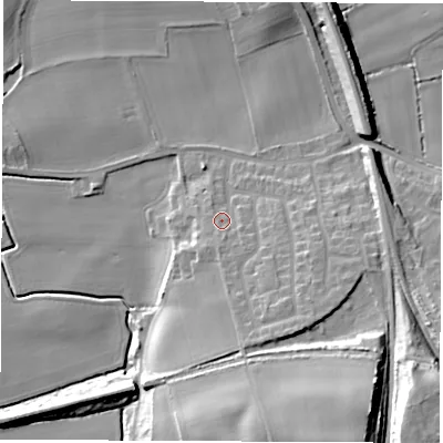 Shaded relief map of the ground around LS269DB, computed from Environment Agency LiDAR. The ground here sits at about 15 m above sea level and falls 25 m across the surrounding 800 m. Surface water reaching this point runs off ground lying to the south, 3.0 m higher.