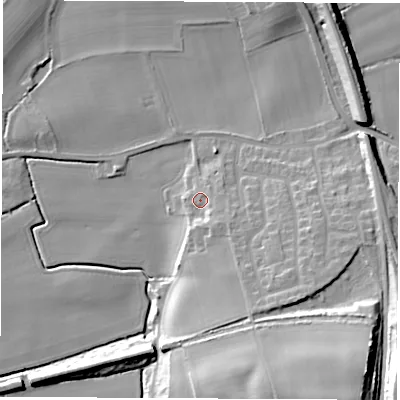 Shaded relief map of the ground around LS269DD, computed from Environment Agency LiDAR. The ground here sits at about 14 m above sea level and falls 25 m across the surrounding 800 m. Surface water reaching this point runs off ground lying to the south-east, 3.9 m higher.