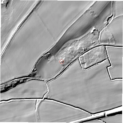 Shaded relief map of the ground around LS269DF, computed from Environment Agency LiDAR. The ground here sits at about 12 m above sea level and falls 10 m across the surrounding 800 m. Surface water reaching this point runs off ground lying to the south-south-east, 1.4 m higher.