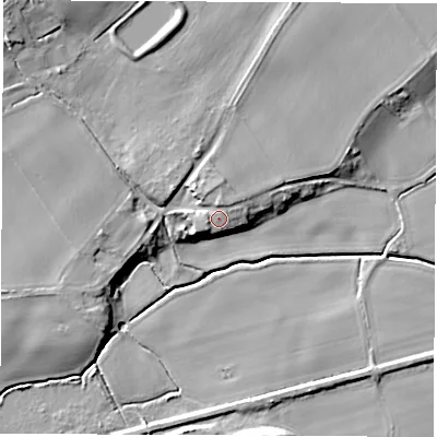 Shaded relief map of the ground around LS269DG, computed from Environment Agency LiDAR. The ground here sits at about 17 m above sea level and falls 14 m across the surrounding 800 m. Surface water reaching this point runs off ground lying to the west-south-west, 1.3 m higher.