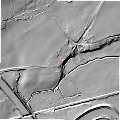 Shaded relief map of the ground around LS269DH, computed from Environment Agency LiDAR. The ground here sits at about 15 m above sea level and falls 16 m across the surrounding 800 m. Surface water reaching this point runs off ground lying to the west-north-west, 1.4 m higher.