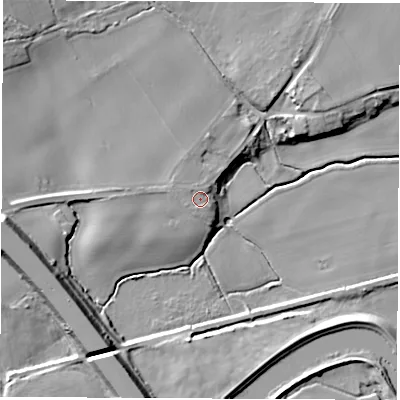 Shaded relief map of the ground around LS269DJ, computed from Environment Agency LiDAR. The ground here sits at about 15 m above sea level and falls 16 m across the surrounding 800 m. Surface water reaching this point runs off ground lying to the west-north-west, 2.1 m higher.