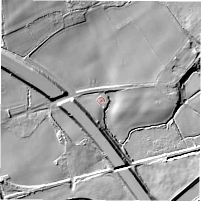 Shaded relief map of the ground around LS269DL, computed from Environment Agency LiDAR. The ground here sits at about 15 m above sea level and falls 19 m across the surrounding 800 m. Surface water reaching this point runs off ground lying to the west-north-west, 13.5 m higher.