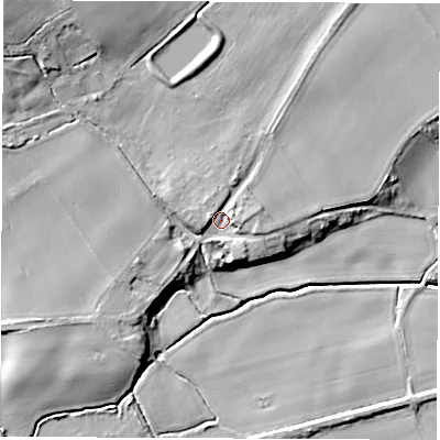 Shaded relief map of the ground around LS269DQ, computed from Environment Agency LiDAR. The ground here sits at about 14 m above sea level and falls 17 m across the surrounding 800 m. Surface water reaching this point runs off ground lying to the west-north-west, 2.9 m higher.