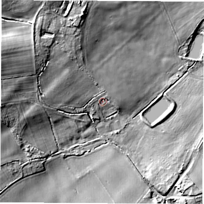 Shaded relief map of the ground around LS269DU, computed from Environment Agency LiDAR. The ground here sits at about 19 m above sea level and falls 27 m across the surrounding 800 m. Surface water reaching this point runs off ground lying to the west-north-west, 20.5 m higher.