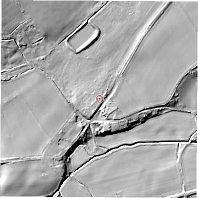 Shaded relief map of the ground around LS269DX, computed from Environment Agency LiDAR. The ground here sits at about 16 m above sea level and falls 18 m across the surrounding 800 m. Surface water reaching this point runs off ground lying to the south-south-east, 2.4 m higher.