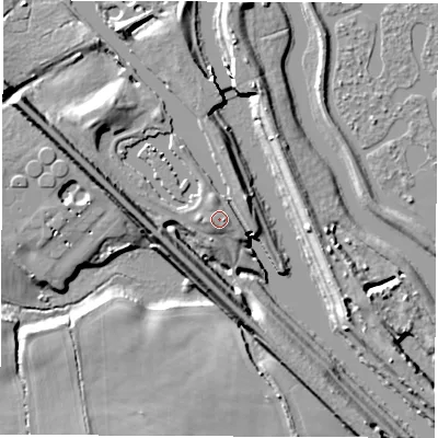 Shaded relief map of the ground around LS269EU, computed from Environment Agency LiDAR. The ground here sits at about 17 m above sea level and falls 12 m across the surrounding 800 m. Surface water reaching this point runs off ground lying to the west-south-west, 0.7 m higher.