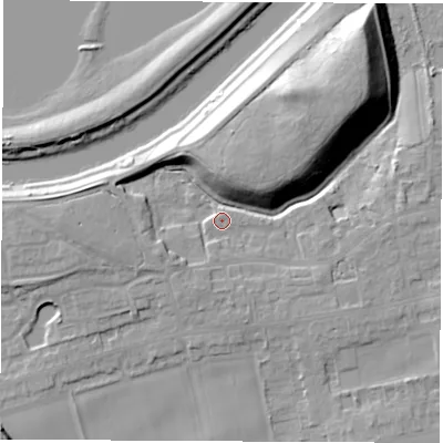 Shaded relief map of the ground around LS269FS, computed from Environment Agency LiDAR. The ground here sits at about 14 m above sea level and falls 20 m across the surrounding 800 m. Surface water reaching this point runs off ground lying to the south-south-west, 2.1 m higher.