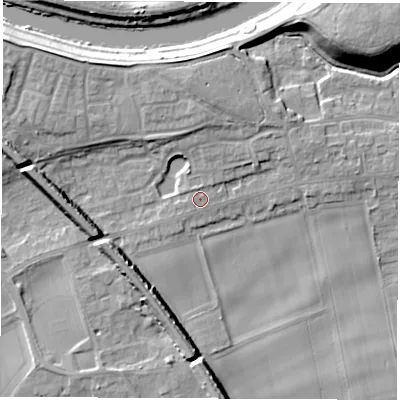 Shaded relief map of the ground around LS269HL, computed from Environment Agency LiDAR. The ground here sits at about 15 m above sea level and falls 15 m across the surrounding 800 m. The ground contributing surface water to this point lies to the north-east.