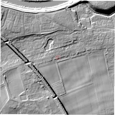 Shaded relief map of the ground around LS269HN, computed from Environment Agency LiDAR. The ground here sits at about 14 m above sea level and falls 14 m across the surrounding 800 m. Surface water reaching this point runs off ground lying to the north, 1.6 m higher.