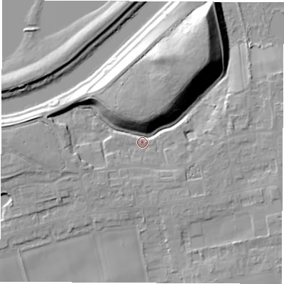 Shaded relief map of the ground around LS269HQ, computed from Environment Agency LiDAR. The ground here sits at about 14 m above sea level and falls 20 m across the surrounding 800 m. Surface water reaching this point runs off ground lying to the north, 13.6 m higher.