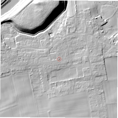 Shaded relief map of the ground around LS269HS, computed from Environment Agency LiDAR. The ground here sits at about 16 m above sea level and falls 20 m across the surrounding 800 m. Surface water reaching this point runs off ground lying to the west-south-west, 0.9 m higher.