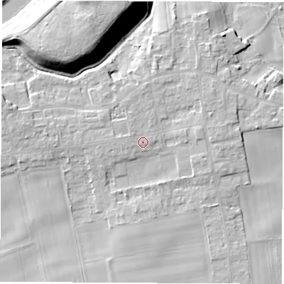 Shaded relief map of the ground around LS269HT, computed from Environment Agency LiDAR. The ground here sits at about 15 m above sea level and falls 20 m across the surrounding 800 m. Surface water reaching this point runs off ground lying to the west, 0.9 m higher.