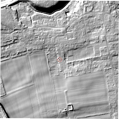 Shaded relief map of the ground around LS269HU, computed from Environment Agency LiDAR. The ground here sits at about 14 m above sea level and falls 14 m across the surrounding 800 m. Surface water reaching this point runs off ground lying to the south-south-east, 4.7 m higher.