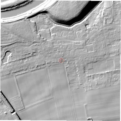 Shaded relief map of the ground around LS269HX, computed from Environment Agency LiDAR. The ground here sits at about 15 m above sea level and falls 18 m across the surrounding 800 m. Surface water reaching this point runs off ground lying to the south-west, 9.9 m higher.