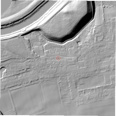 Shaded relief map of the ground around LS269HZ, computed from Environment Agency LiDAR. The ground here sits at about 15 m above sea level and falls 20 m across the surrounding 800 m. Surface water reaching this point runs off ground lying to the west-south-west, 2.2 m higher.