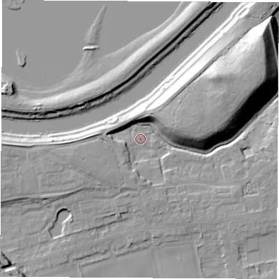 Shaded relief map of the ground around LS269JA, computed from Environment Agency LiDAR. The ground here sits at about 13 m above sea level and falls 20 m across the surrounding 800 m. Surface water reaching this point runs off ground lying to the south, 5.5 m higher.