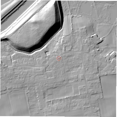 Shaded relief map of the ground around LS269JE, computed from Environment Agency LiDAR. The ground here sits at about 16 m above sea level and falls 20 m across the surrounding 800 m. Surface water reaching this point runs off ground lying to the north-north-east, 1.6 m higher.