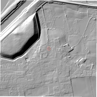 Shaded relief map of the ground around LS269JF, computed from Environment Agency LiDAR. The ground here sits at about 16 m above sea level and falls 20 m across the surrounding 800 m. Surface water reaching this point runs off ground lying to the south-south-west, 1.6 m higher.