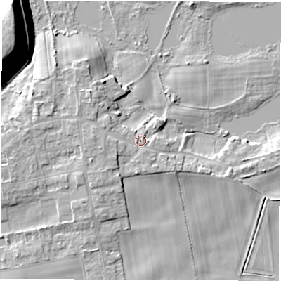 Shaded relief map of the ground around LS269JH, computed from Environment Agency LiDAR. The ground here sits at about 16 m above sea level and falls 20 m across the surrounding 800 m. Surface water reaching this point runs off ground lying to the west, 2.9 m higher.