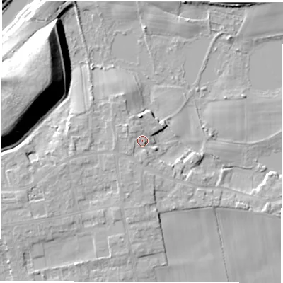 Shaded relief map of the ground around LS269JJ, computed from Environment Agency LiDAR. The ground here sits at about 16 m above sea level and falls 20 m across the surrounding 800 m. Surface water reaching this point runs off ground lying to the south-west, 2.2 m higher.