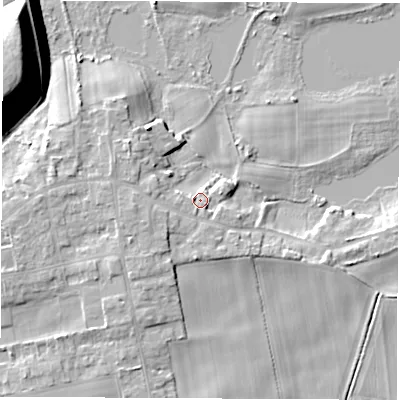 Shaded relief map of the ground around LS269JN, computed from Environment Agency LiDAR. The ground here sits at about 15 m above sea level and falls 20 m across the surrounding 800 m. Surface water reaching this point runs off ground lying to the south-south-west, 3.4 m higher.