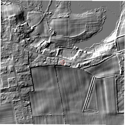 Shaded relief map of the ground around LS269JR, computed from Environment Agency LiDAR. The ground here sits at about 15 m above sea level and falls 7 m across the surrounding 800 m. Surface water reaching this point runs off ground lying to the west-south-west, 2.2 m higher.