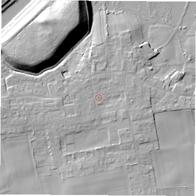 Shaded relief map of the ground around LS269JT, computed from Environment Agency LiDAR. The ground here sits at about 15 m above sea level and falls 20 m across the surrounding 800 m. Surface water reaching this point runs off ground lying to the north-east, 2.6 m higher.