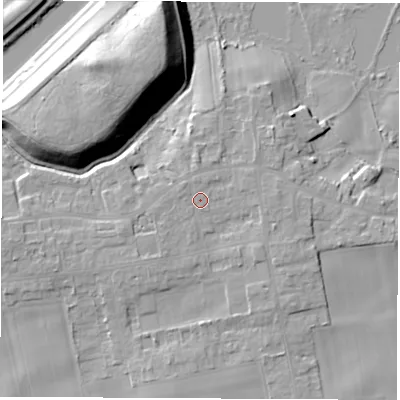 Shaded relief map of the ground around LS269JU, computed from Environment Agency LiDAR. The ground here sits at about 15 m above sea level and falls 20 m across the surrounding 800 m. Surface water reaching this point runs off ground lying to the north-north-east, 1.2 m higher.