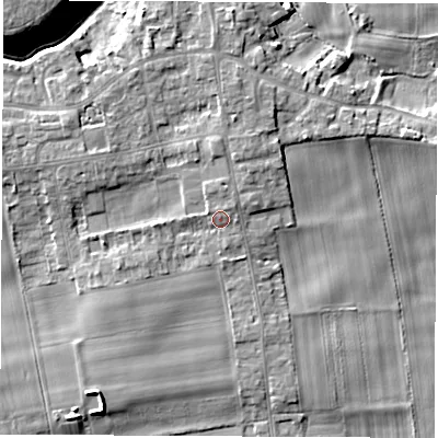 Shaded relief map of the ground around LS269LA, computed from Environment Agency LiDAR. The ground here sits at about 15 m above sea level and falls 15 m across the surrounding 800 m. Surface water reaching this point runs off ground lying to the west-north-west, 1.8 m higher.