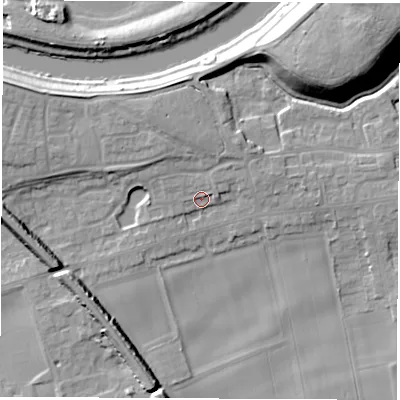 Shaded relief map of the ground around LS269LB, computed from Environment Agency LiDAR. The ground here sits at about 15 m above sea level and falls 19 m across the surrounding 800 m. Surface water reaching this point runs off ground lying to the north-north-west, 5.3 m higher.