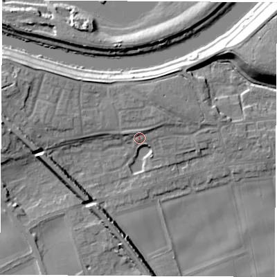 Shaded relief map of the ground around LS269LD, computed from Environment Agency LiDAR. The ground here sits at about 16 m above sea level and falls 14 m across the surrounding 800 m. Surface water reaching this point runs off ground lying to the west, 9.7 m higher.