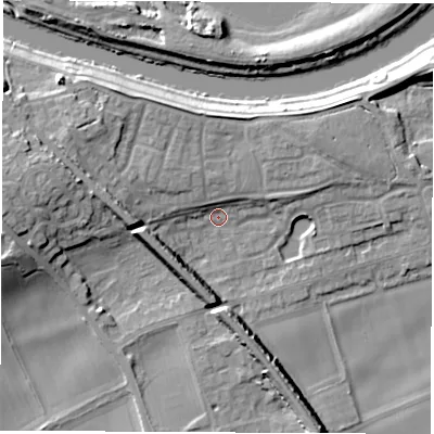 Shaded relief map of the ground around LS269LE, computed from Environment Agency LiDAR. The ground here sits at about 14 m above sea level and falls 15 m across the surrounding 800 m. Surface water reaching this point runs off ground lying to the west, 9.0 m higher.