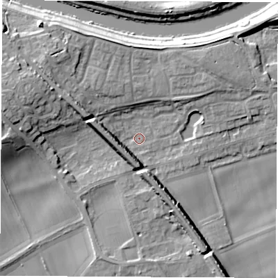 Shaded relief map of the ground around LS269LF, computed from Environment Agency LiDAR. The ground here sits at about 14 m above sea level and falls 15 m across the surrounding 800 m. Surface water reaching this point runs off ground lying to the south-south-west, 8.9 m higher.
