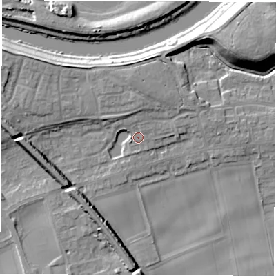 Shaded relief map of the ground around LS269LG, computed from Environment Agency LiDAR. The ground here sits at about 15 m above sea level and falls 17 m across the surrounding 800 m. Surface water reaching this point runs off ground lying to the north-west, 2.8 m higher.