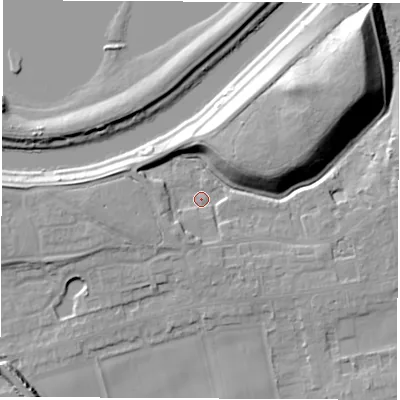 Shaded relief map of the ground around LS269LH, computed from Environment Agency LiDAR. The ground here sits at about 13 m above sea level and falls 20 m across the surrounding 800 m. Surface water reaching this point runs off ground lying to the south-south-west, 5.3 m higher.