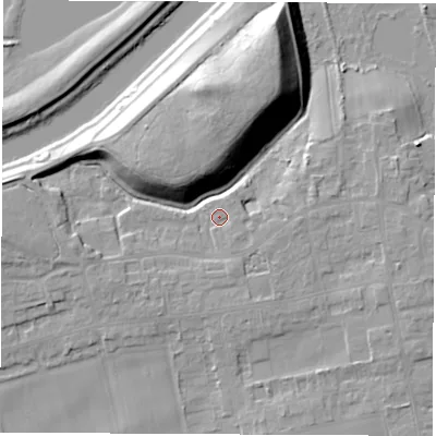 Shaded relief map of the ground around LS269LJ, computed from Environment Agency LiDAR. The ground here sits at about 15 m above sea level and falls 20 m across the surrounding 800 m. Surface water reaching this point runs off ground lying to the south-east, 1.5 m higher.