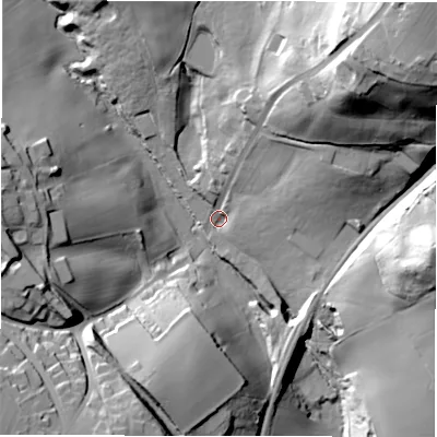 Shaded relief map of the ground around LS270PA, computed from Environment Agency LiDAR. The ground here sits at about 73 m above sea level and falls 64 m across the surrounding 800 m. Surface water reaching this point runs off ground lying to the north-east, 58.5 m higher.