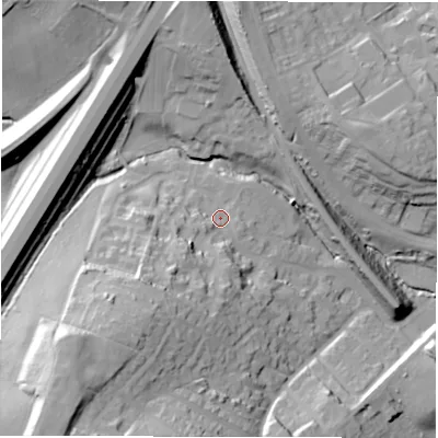 Shaded relief map of the ground around LS277GD, computed from Environment Agency LiDAR. The ground here sits at about 59 m above sea level and falls 48 m across the surrounding 800 m. Surface water reaching this point runs off ground lying to the south-west, 26.8 m higher.