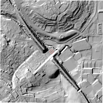 Shaded relief map of the ground around LS277TH, computed from Environment Agency LiDAR. The ground here sits at about 51 m above sea level and falls 51 m across the surrounding 800 m. Surface water reaching this point runs off ground lying to the south-west, 48.5 m higher.