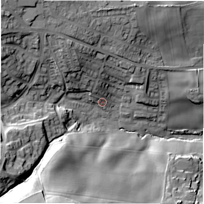 Shaded relief map of the ground around LS278UJ, computed from Environment Agency LiDAR. The ground here sits at about 84 m above sea level and falls 48 m across the surrounding 800 m. Surface water reaching this point runs off ground lying to the north-north-west, 18.3 m higher.