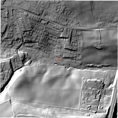Shaded relief map of the ground around LS278YT, computed from Environment Agency LiDAR. The ground here sits at about 81 m above sea level and falls 57 m across the surrounding 800 m. Surface water reaching this point runs off ground lying to the south-west, 50.5 m higher.