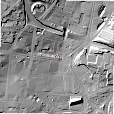 Shaded relief map of the ground around LS27AL, computed from Environment Agency LiDAR. The ground here sits at about 30 m above sea level and falls 34 m across the surrounding 800 m. Surface water reaching this point runs off ground lying to the north-west, 21.7 m higher.