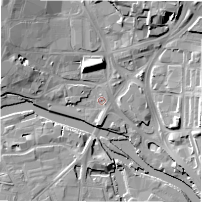 Shaded relief map of the ground around LS27AP, computed from Environment Agency LiDAR. The ground here sits at about 26 m above sea level and falls 17 m across the surrounding 800 m. Surface water reaching this point runs off ground lying to the north-north-east, 14.6 m higher.