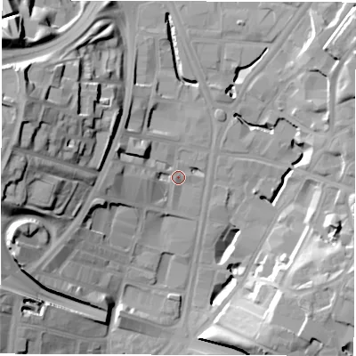 Shaded relief map of the ground around LS27AT, computed from Environment Agency LiDAR. The ground here sits at about 33 m above sea level and falls 35 m across the surrounding 800 m. Surface water reaching this point runs off ground lying to the west-north-west, 1.4 m higher.