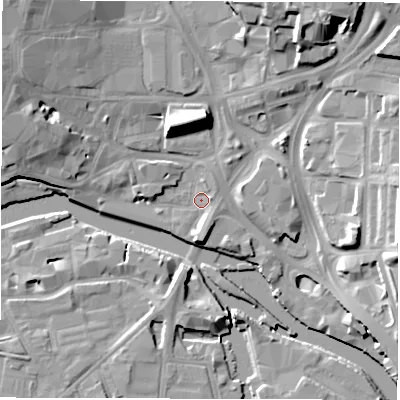Shaded relief map of the ground around LS27BJ, computed from Environment Agency LiDAR. The ground here sits at about 26 m above sea level and falls 17 m across the surrounding 800 m. Surface water reaching this point runs off ground lying to the north-north-east, 14.3 m higher.