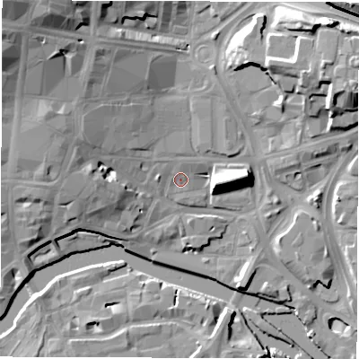 Shaded relief map of the ground around LS27BN, computed from Environment Agency LiDAR. The ground here sits at about 28 m above sea level and falls 26 m across the surrounding 800 m. Surface water reaching this point runs off ground lying to the west-north-west, 2.5 m higher.