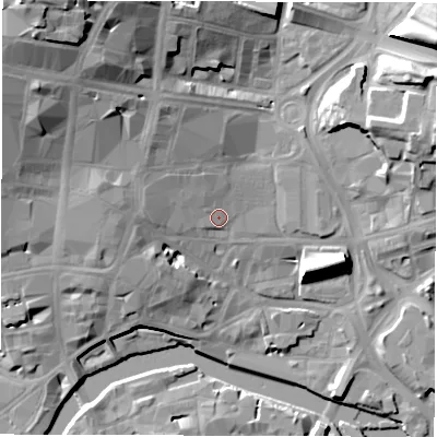 Shaded relief map of the ground around LS27BR, computed from Environment Agency LiDAR. The ground here sits at about 31 m above sea level and falls 30 m across the surrounding 800 m. Surface water reaching this point runs off ground lying to the west-north-west, 5.8 m higher.